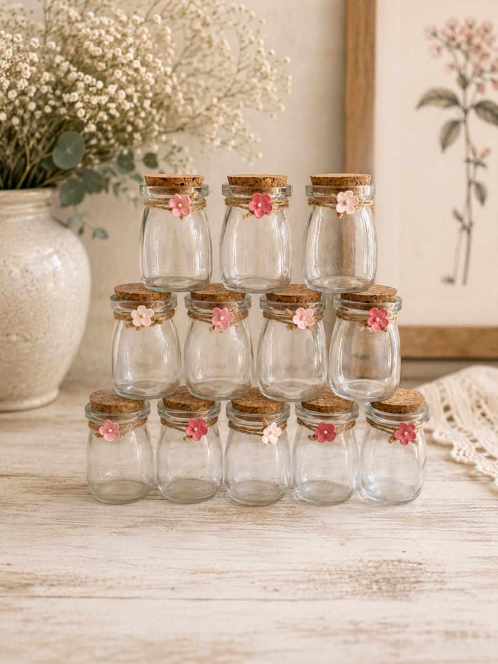 Mini Cork Mason Jar Party Favor Jars Set With Pink Flower Accents